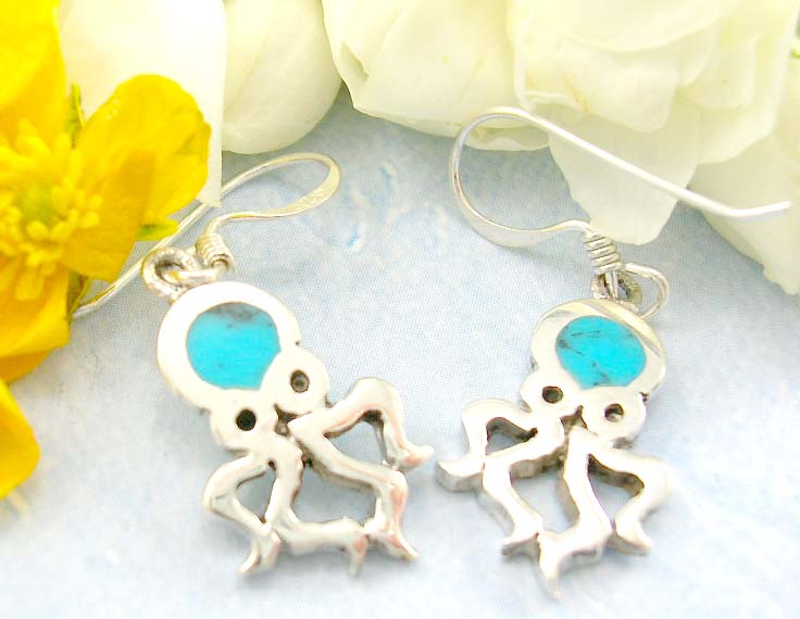Sterling silve earring store shopping 925 Sterling silver earrings, designed in dancing octopus pattern, the head are inlaid with turquoise    