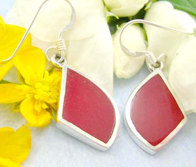 Gemstone  jewelry catalog rose red stone sterling silver earring with diamond shaped decor      