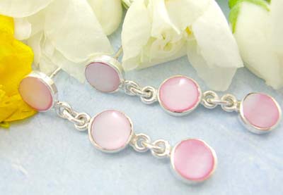 Shopping wholesale fashion jewelry manufacture piercing catalog sterling silver earrings with three rounded pink mother of pearl hanging down 