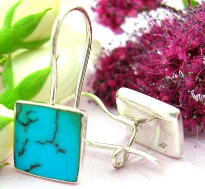 Buying sterling silver online sterling silver earring with clip-in fish hook for closure and square blue turquoise stone embedded       