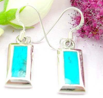 Turquoise jewelry shopping sterling silver earring with clip-in fish hook for closure and rectangular blue turquoise stone embedded        