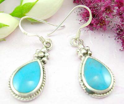 Tradional earring shopping sterling silver earring with water-drop turquoise and flower on top decor        
