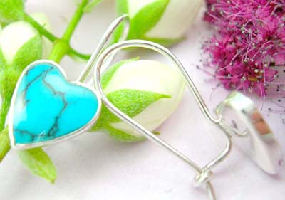 Heart collection jewelry shopping sterling silver earring with heart shape turquoise and clip-in fish hoop design        