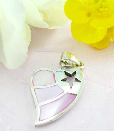 Fine custom jewelry shopping 925 Sterling silver heart pendant with star pattern and pinky seashell decor     