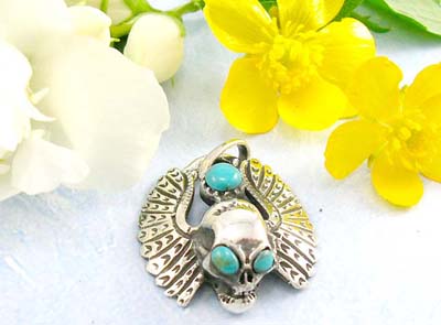 Custom teen pendant shopping skull with swings and 3 round turquoise design in 925 sterling silver pendant    