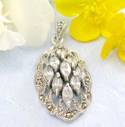 Cz jewelry catalog shopping sterling silver pendant with multi marcasites and multi mini clear cz        