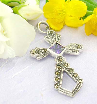 Quality cross pendant shopping multi marcasites and multi mini purple cz forming in cross shape design with 925 sterling silver pendant