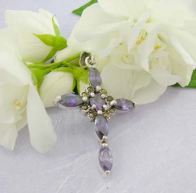 Discount pendants for women purple cz and multi marcasites forming cross pattern design with 925 sterling silver pendant 