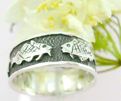  Body custom jewelry catalog Sterling silver ring with fish black tattoo pattern      